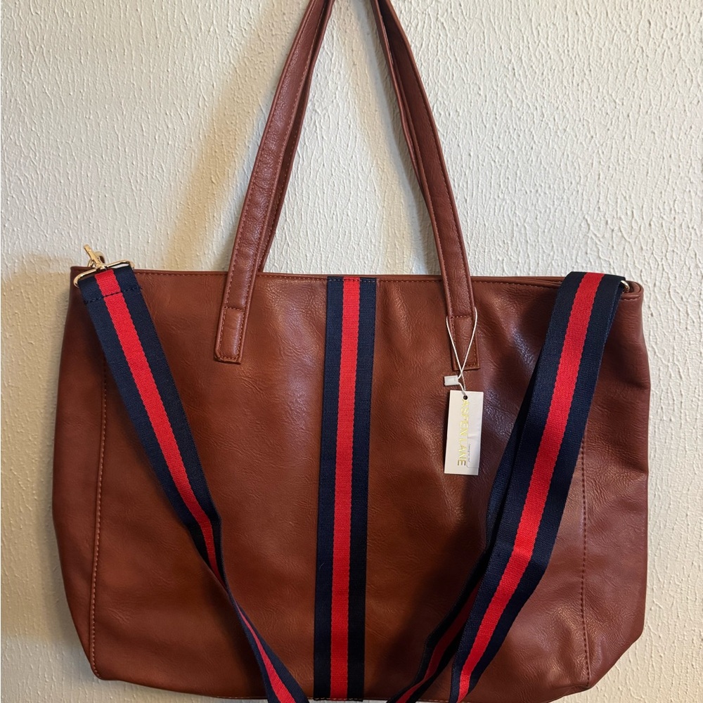 Aspen Lane Vegan Leather Cognac Tote with Striped Strap NWT